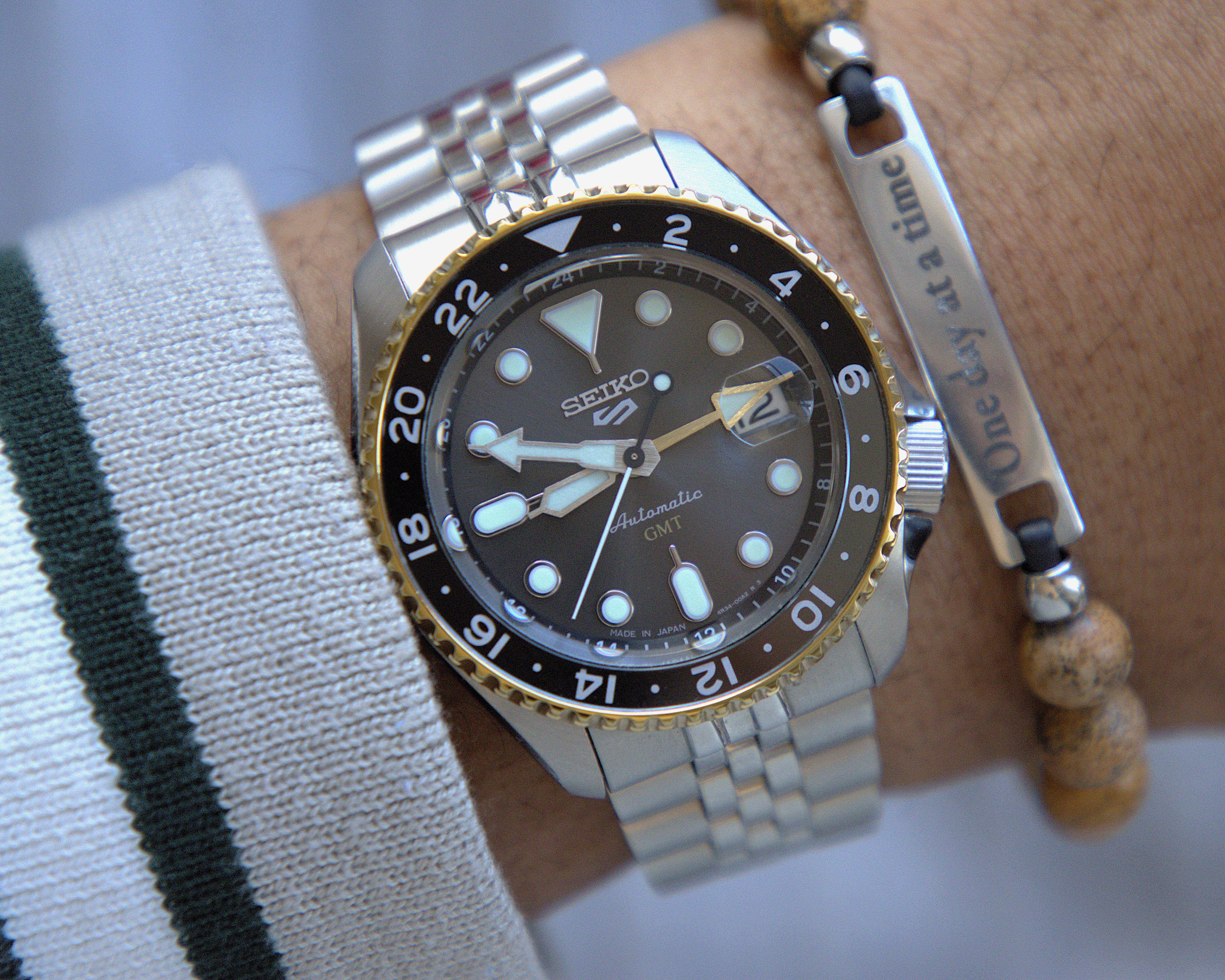 Seiko 5 Sports Grey Dial GMT Gold Accents Bezel SSK021K1