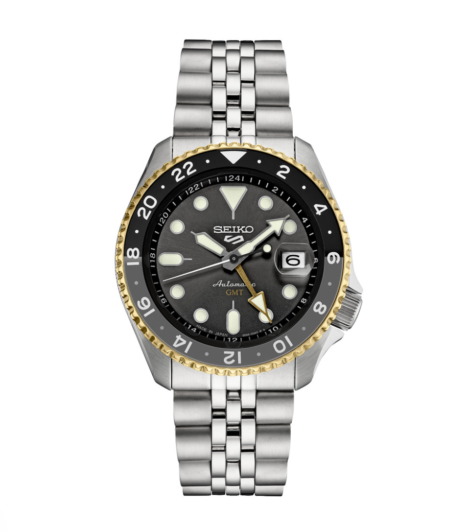 Seiko 5 Sports Grey Dial GMT Gold Accents Bezel SSK021K1