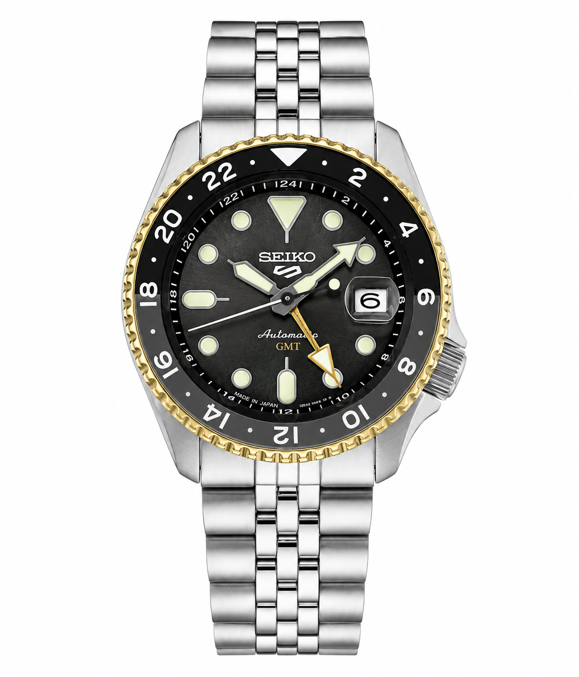 Seiko 5 Sports Grey Dial GMT Gold Accents Bezel SSK021K1