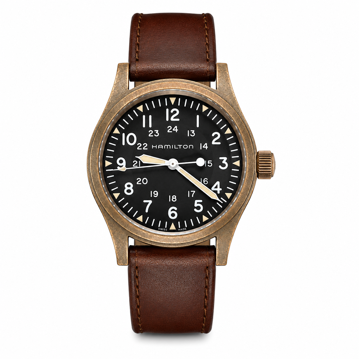 HAMILTON KHAKI FIELD MECHANICAL BLACK DIAL LEATHER STRAP MEN'S