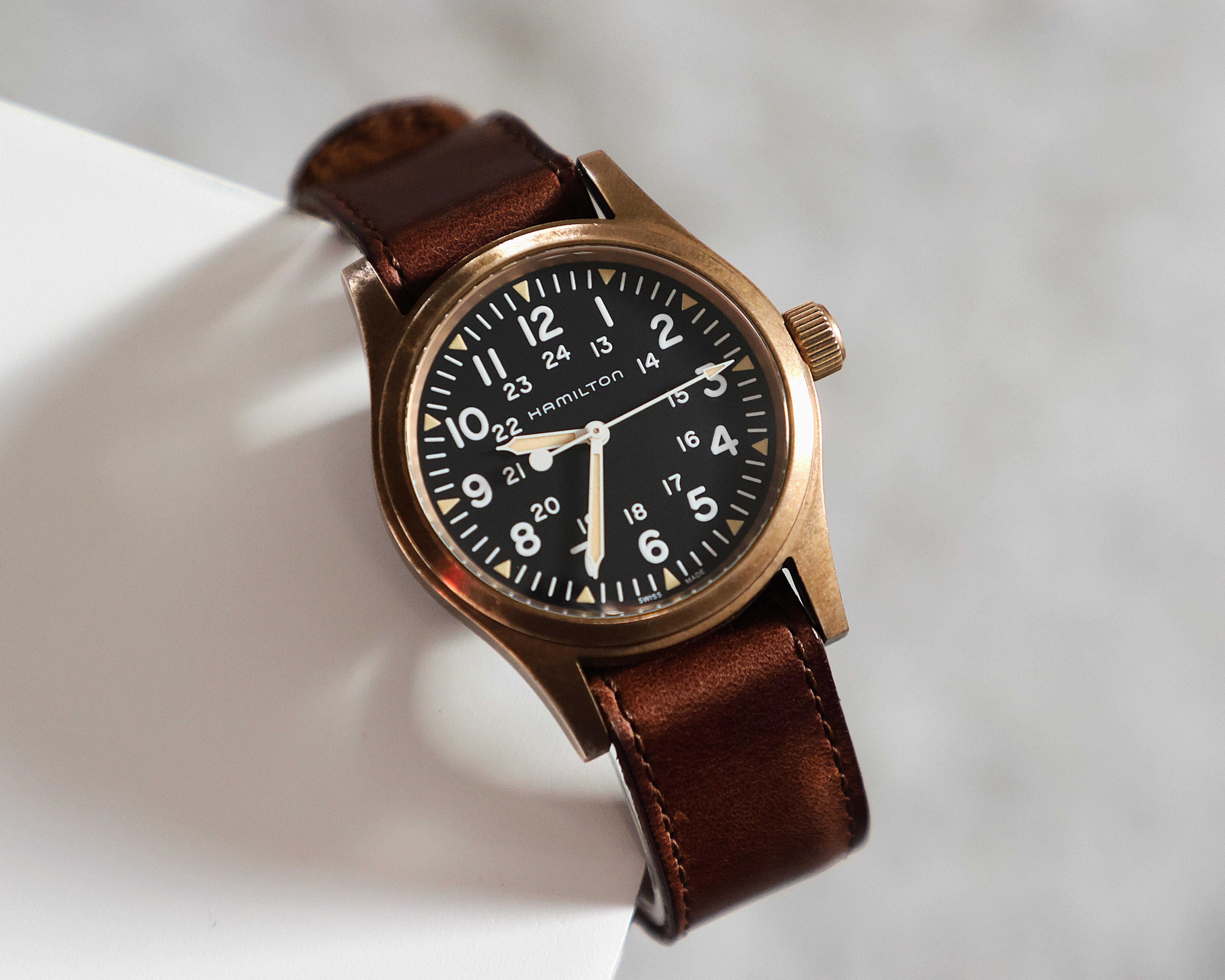 HAMILTON KHAKI FIELD MECHANICAL BLACK DIAL LEATHER STRAP MEN'S WATCH H69459530