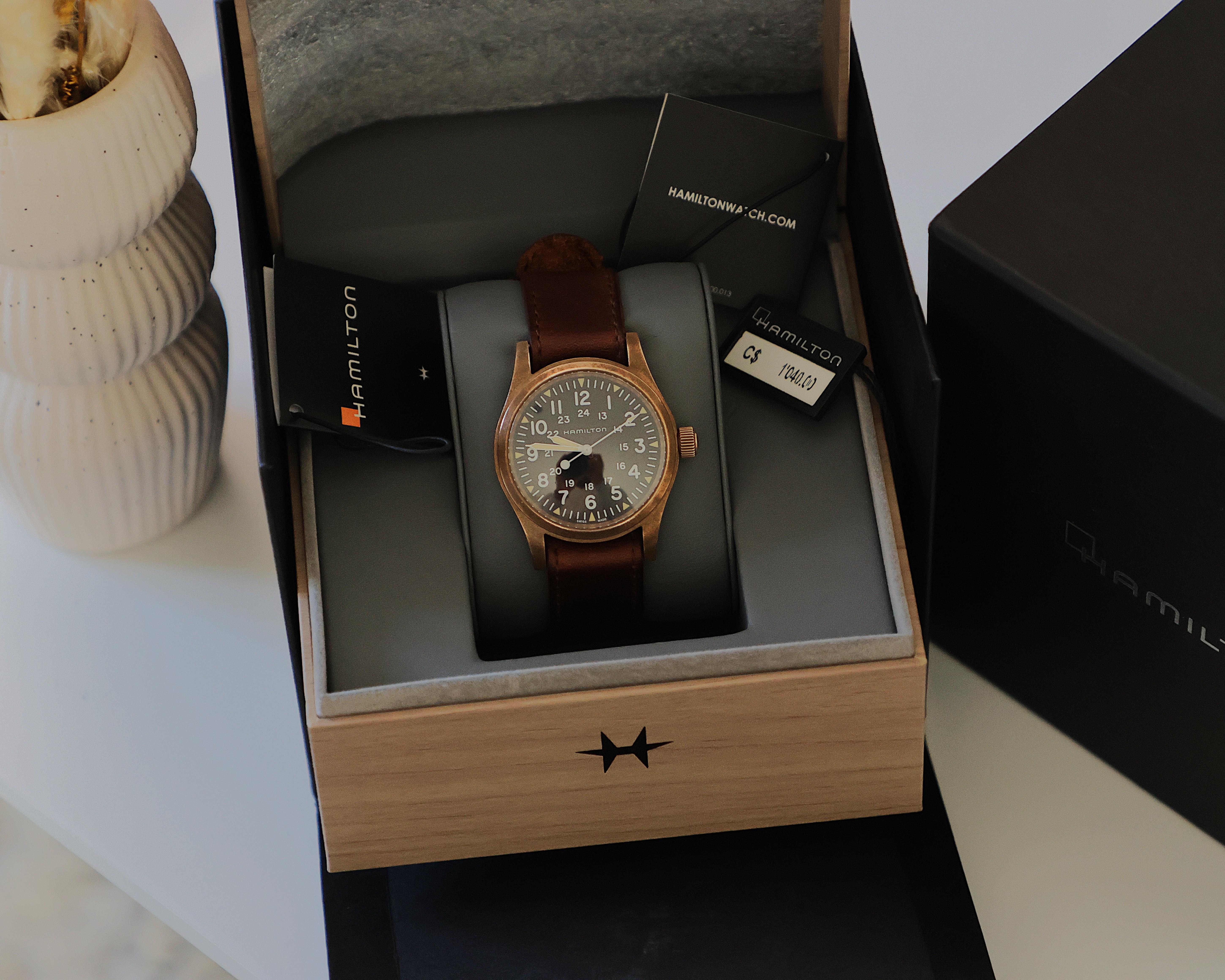 HAMILTON KHAKI FIELD MECHANICAL BLACK DIAL LEATHER STRAP MEN'S WATCH H69459530